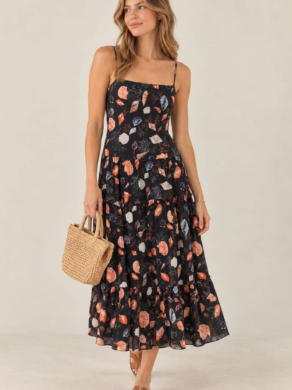 Cara Cara Harbour Island Seashell Print Cotton Midi Dress Navy Size S